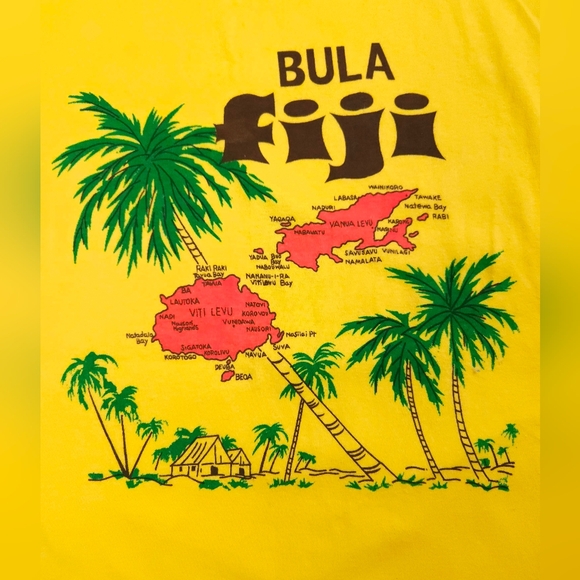 Bula Fuji Bright Yellow Vintage Cotton Graphic T Shirt Mc.Poly Size 42 - Picture 2 of 11